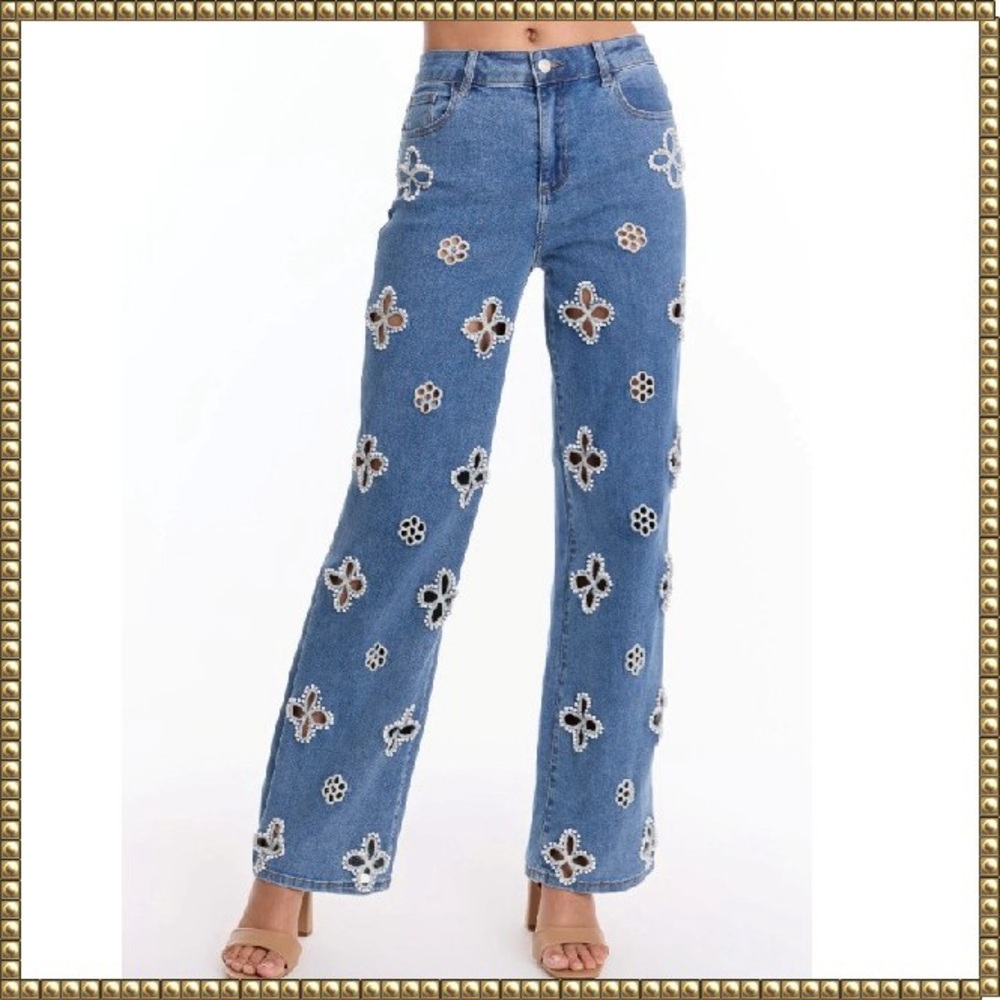 High Rise Blue Floral Embroidered Jeans